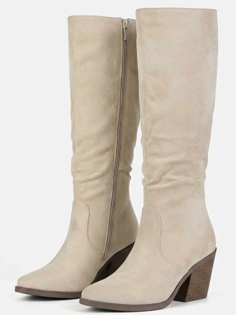 Women's Beige Faux Suede Boots Stacked Chunky Heel Boots Side Zipper Tall Boots